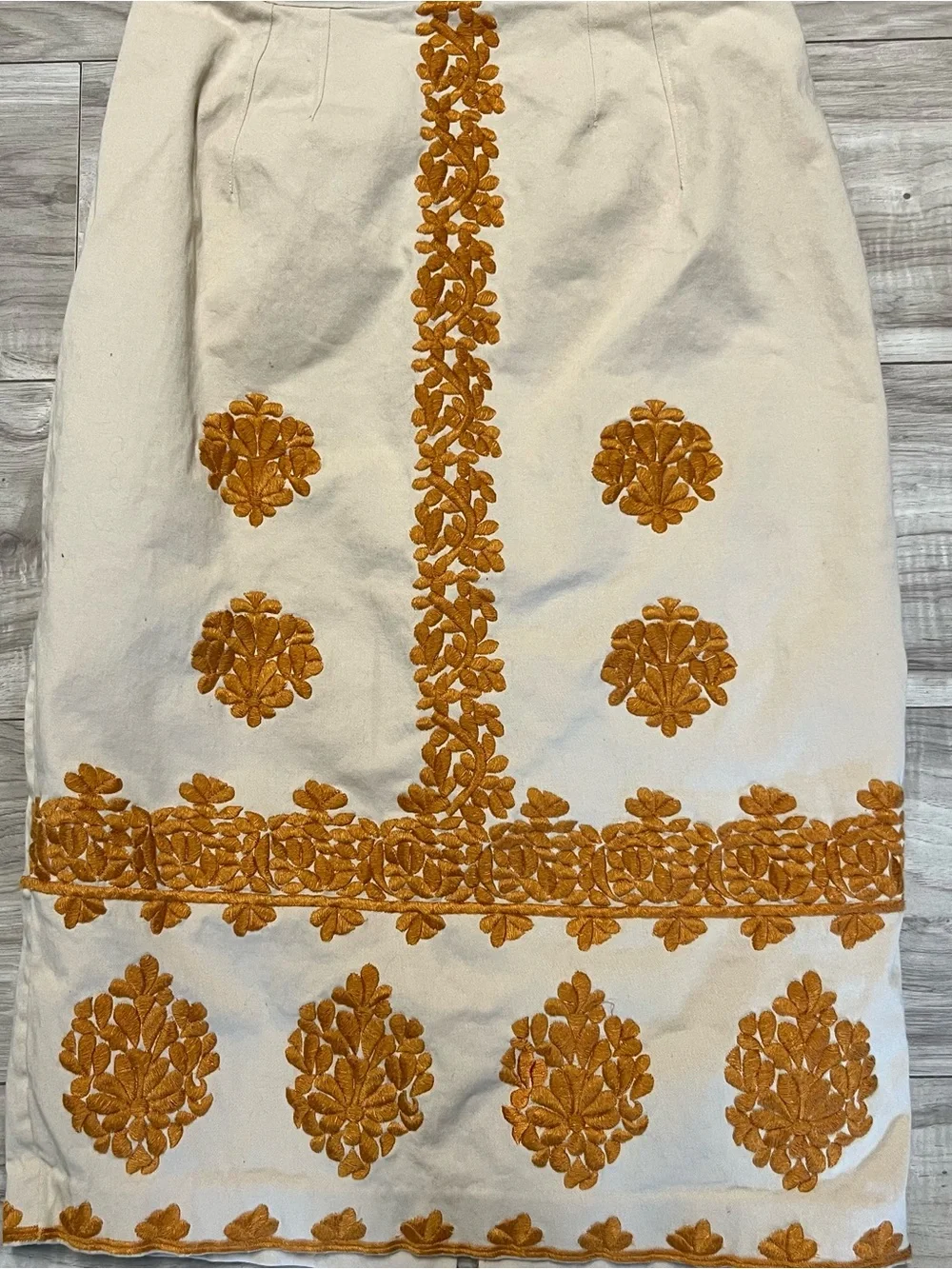 Anthropologie Cream Midi Skirt with Mustard Embroidery